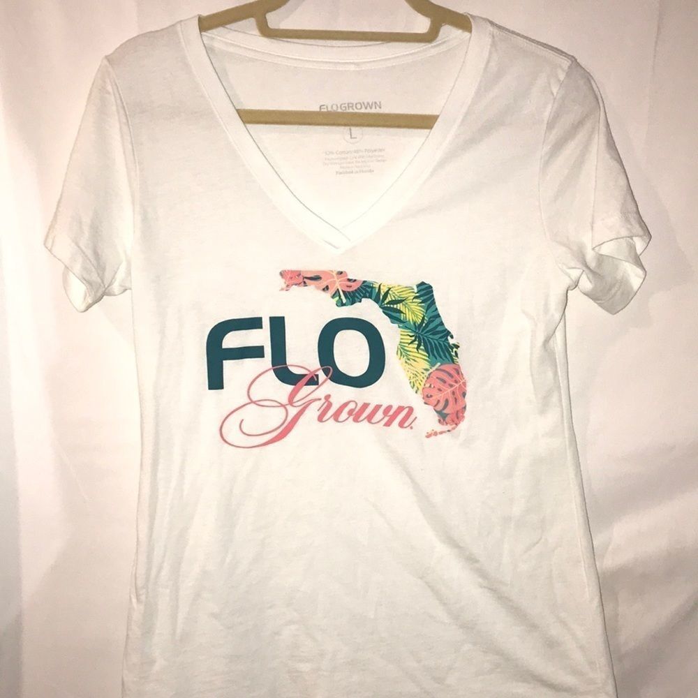 Flogrown Women's White V-Neck Short Sleeve Cotton‎ Blend T-Shirt Size Large